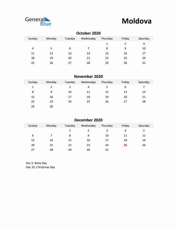 Printable Quarterly Calendar with Notes and Moldova Holidays- Q4 of 2020