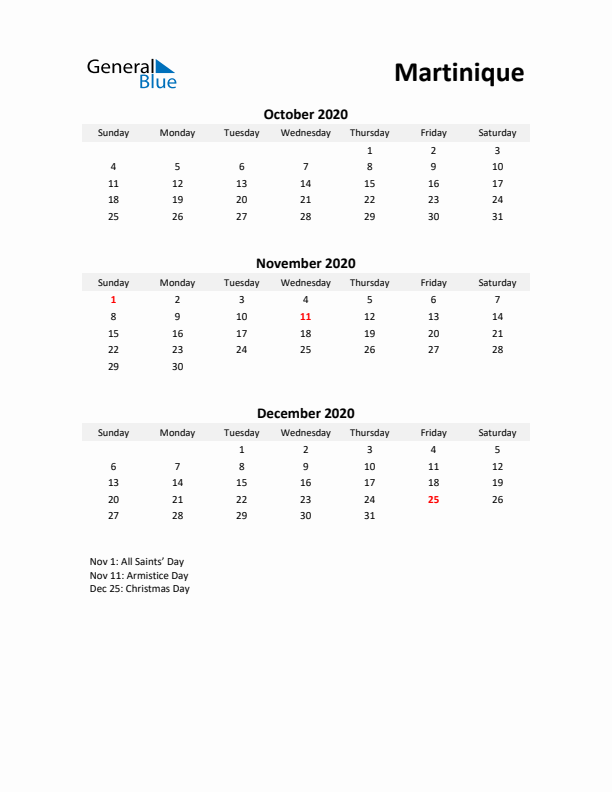 Printable Quarterly Calendar with Notes and Martinique Holidays- Q4 of 2020