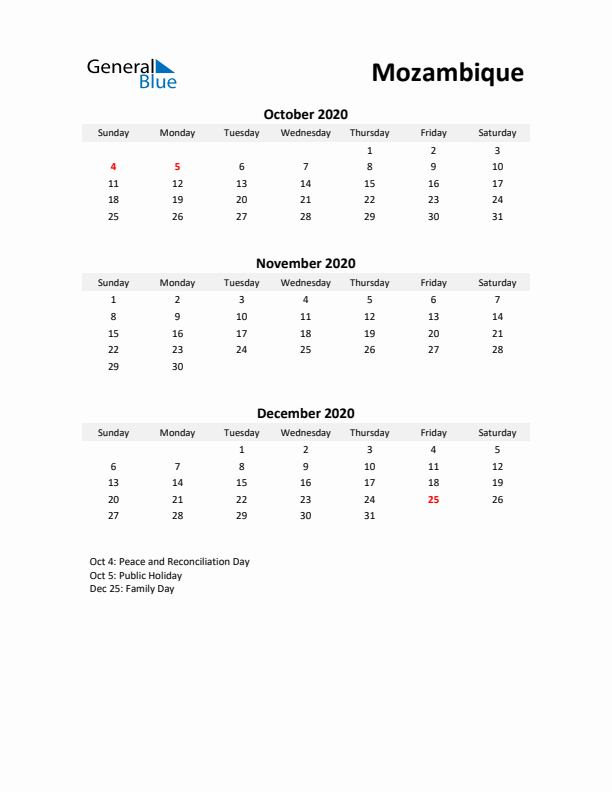 Printable Quarterly Calendar with Notes and Mozambique Holidays- Q4 of 2020