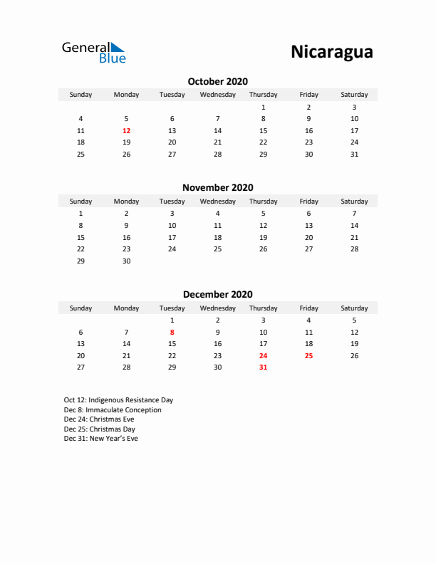 Printable Quarterly Calendar with Notes and Nicaragua Holidays- Q4 of 2020