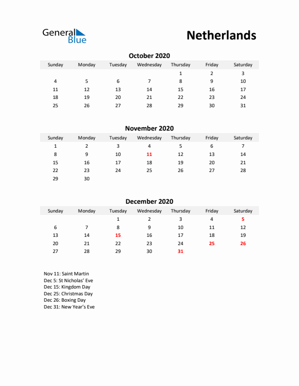 Printable Quarterly Calendar with Notes and The Netherlands Holidays- Q4 of 2020