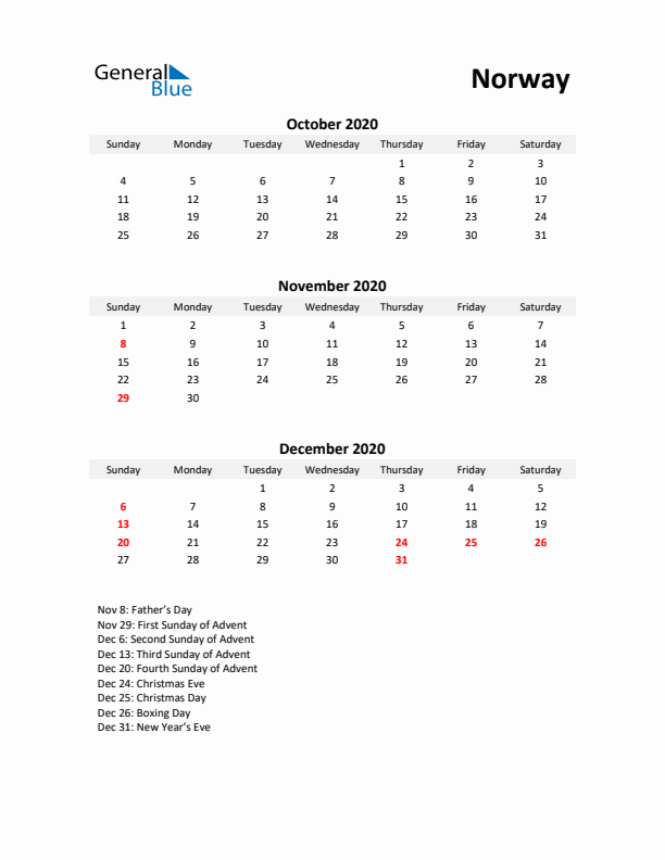 Printable Quarterly Calendar with Notes and Norway Holidays- Q4 of 2020