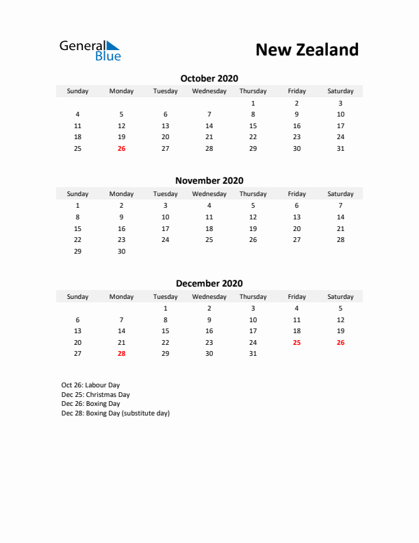 Printable Quarterly Calendar with Notes and New Zealand Holidays- Q4 of 2020