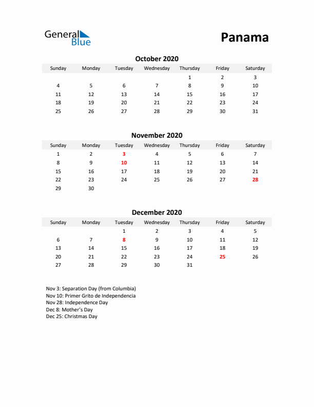 Printable Quarterly Calendar with Notes and Panama Holidays- Q4 of 2020