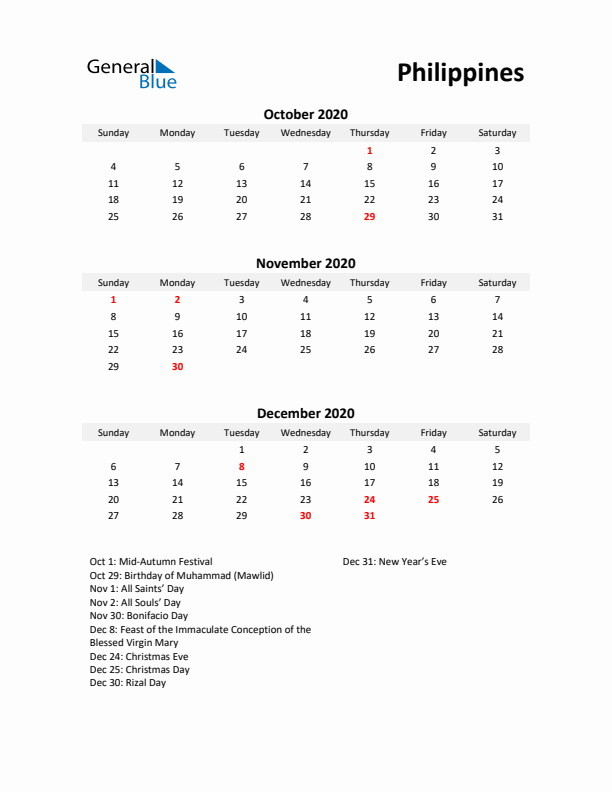 Printable Quarterly Calendar with Notes and Philippines Holidays- Q4 of 2020