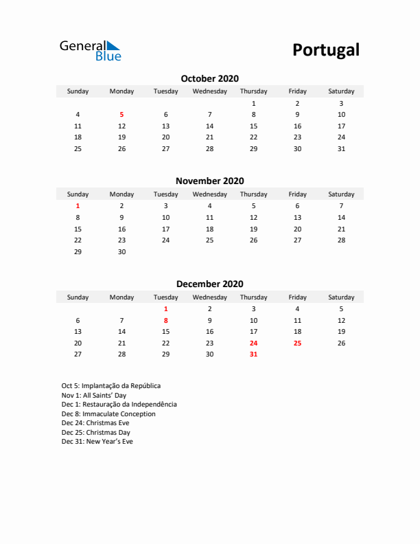 Printable Quarterly Calendar with Notes and Portugal Holidays- Q4 of 2020