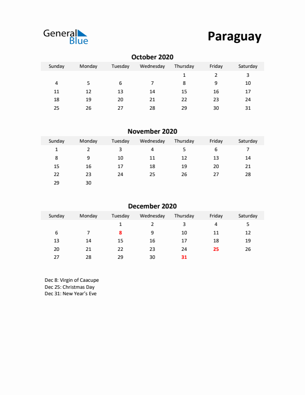 Printable Quarterly Calendar with Notes and Paraguay Holidays- Q4 of 2020