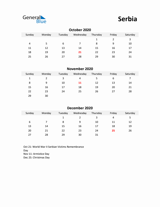 Printable Quarterly Calendar with Notes and Serbia Holidays- Q4 of 2020