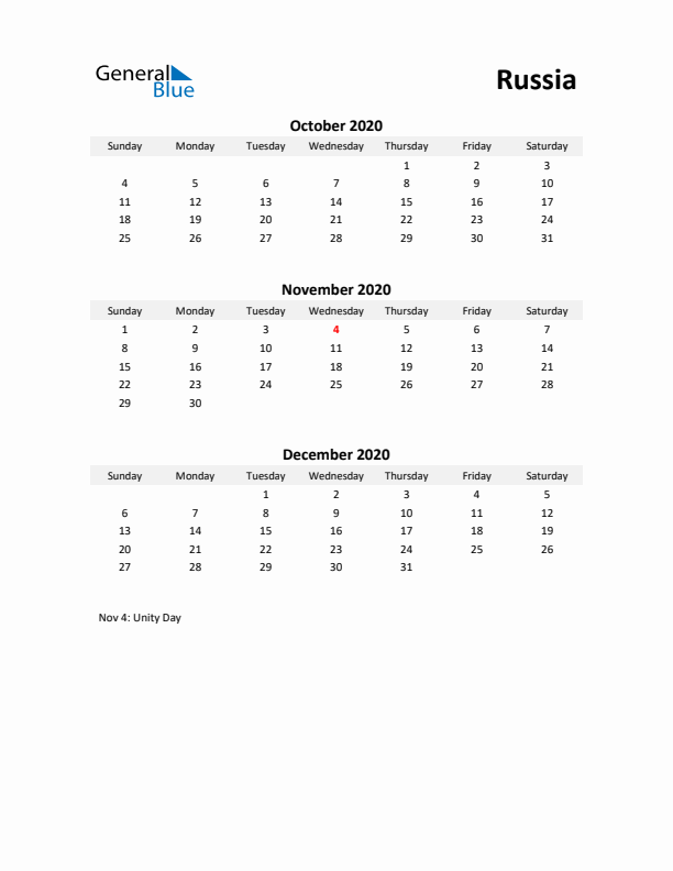 Printable Quarterly Calendar with Notes and Russia Holidays- Q4 of 2020