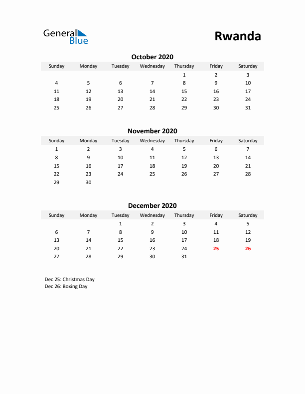 Printable Quarterly Calendar with Notes and Rwanda Holidays- Q4 of 2020