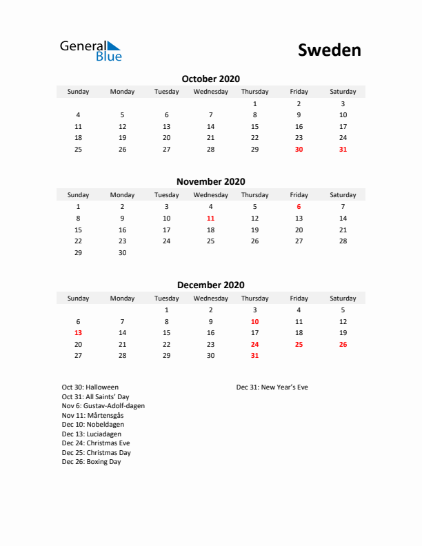 Printable Quarterly Calendar with Notes and Sweden Holidays- Q4 of 2020