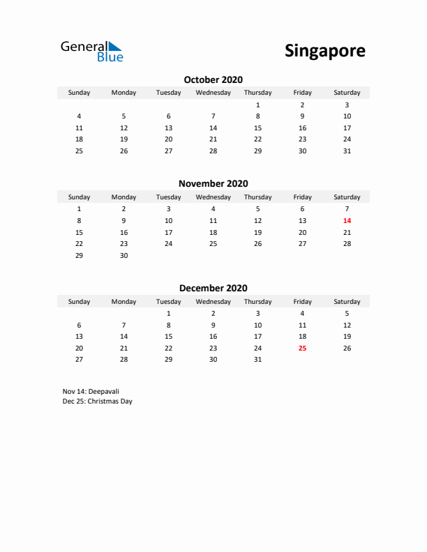 Printable Quarterly Calendar with Notes and Singapore Holidays- Q4 of 2020