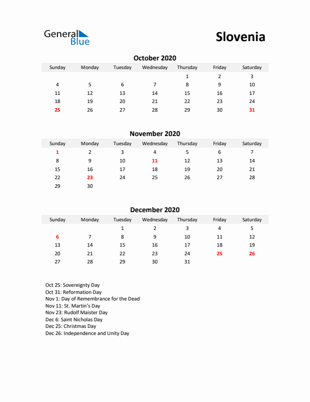 Printable Quarterly Calendar with Notes and Slovenia Holidays- Q4 of 2020