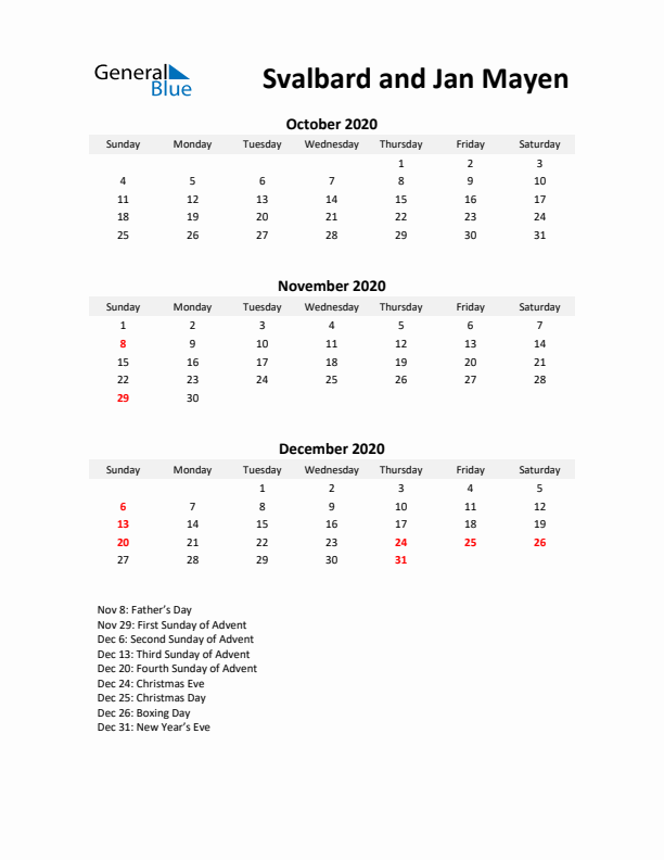 Printable Quarterly Calendar with Notes and Svalbard and Jan Mayen Holidays- Q4 of 2020