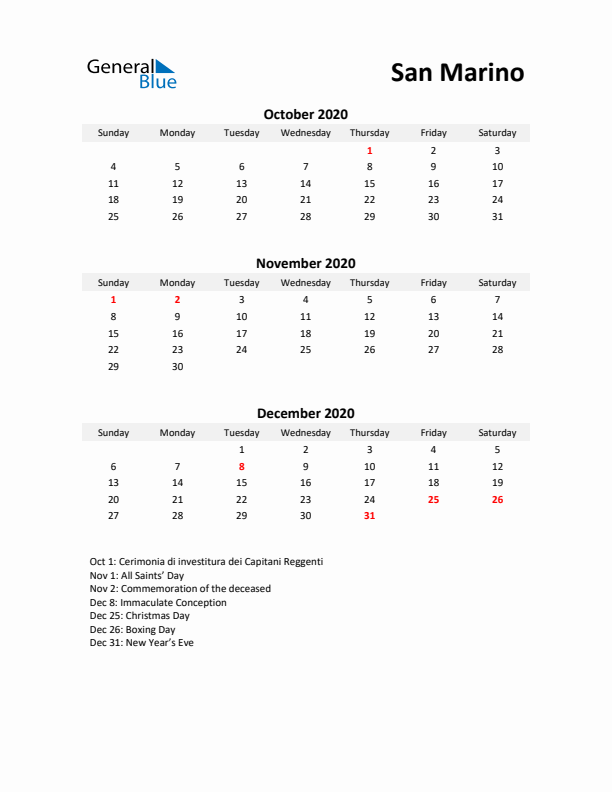 Printable Quarterly Calendar with Notes and San Marino Holidays- Q4 of 2020