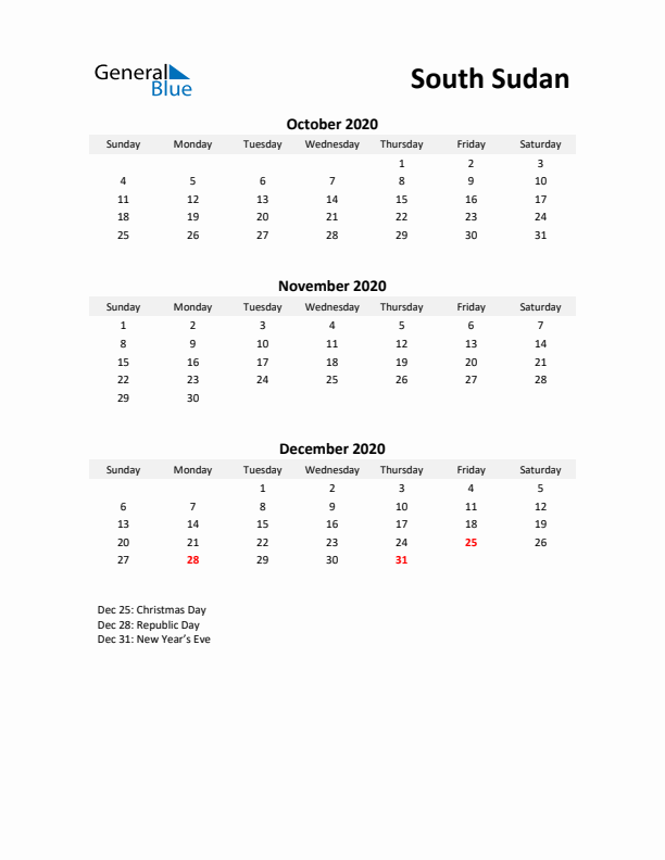 Printable Quarterly Calendar with Notes and South Sudan Holidays- Q4 of 2020