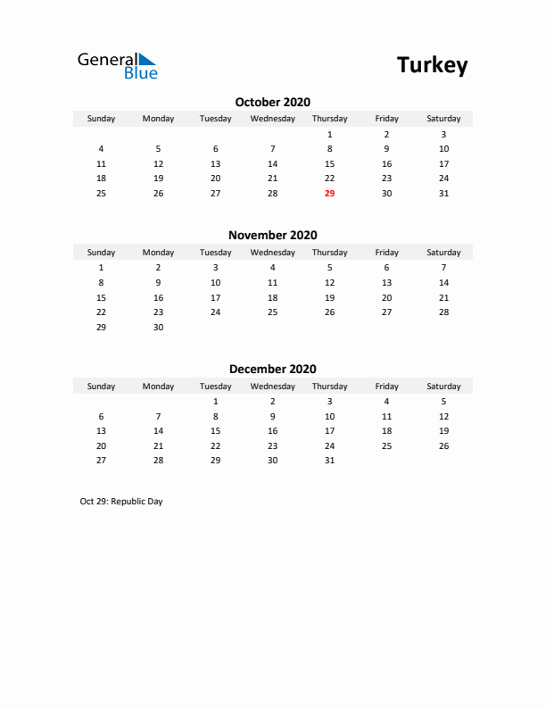 Printable Quarterly Calendar with Notes and Turkey Holidays- Q4 of 2020