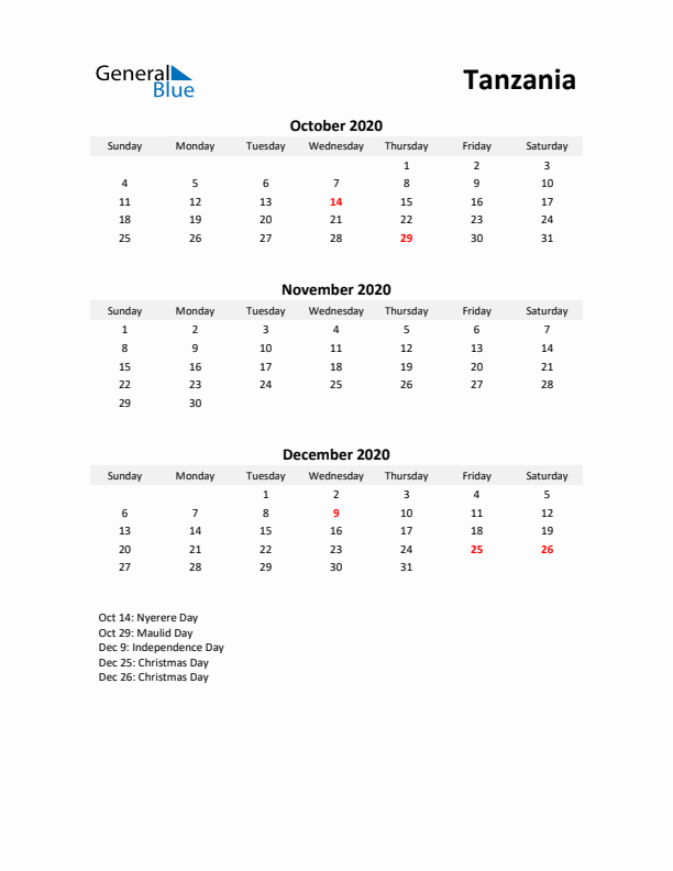 Printable Quarterly Calendar with Notes and Tanzania Holidays- Q4 of 2020