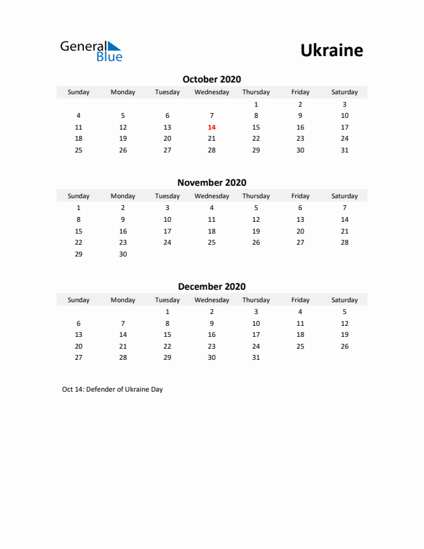 Printable Quarterly Calendar with Notes and Ukraine Holidays- Q4 of 2020