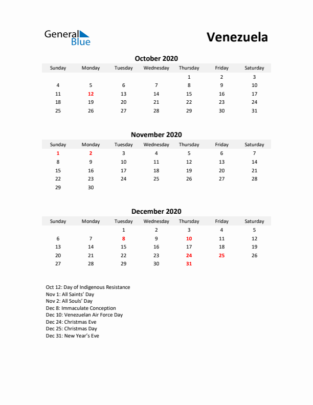 Printable Quarterly Calendar with Notes and Venezuela Holidays- Q4 of 2020