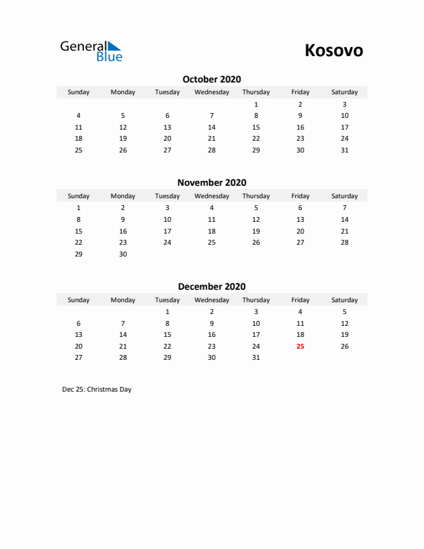 Printable Quarterly Calendar with Notes and Kosovo Holidays- Q4 of 2020