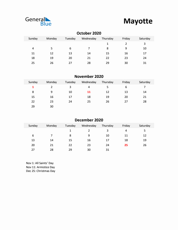 Printable Quarterly Calendar with Notes and Mayotte Holidays- Q4 of 2020