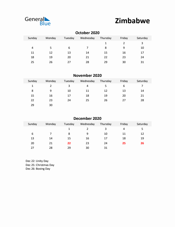 Printable Quarterly Calendar with Notes and Zimbabwe Holidays- Q4 of 2020