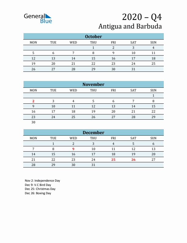 Three-Month Planner for Q4 2020 with Holidays - Antigua and Barbuda