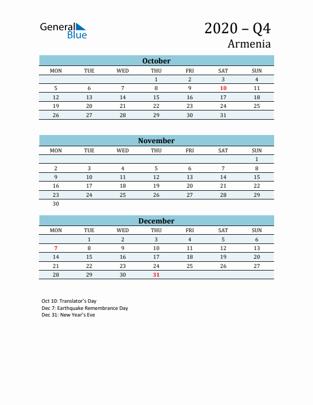 Three-Month Planner for Q4 2020 with Holidays - Armenia