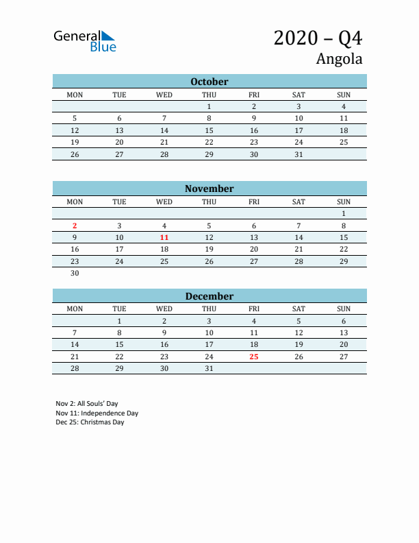 Three-Month Planner for Q4 2020 with Holidays - Angola