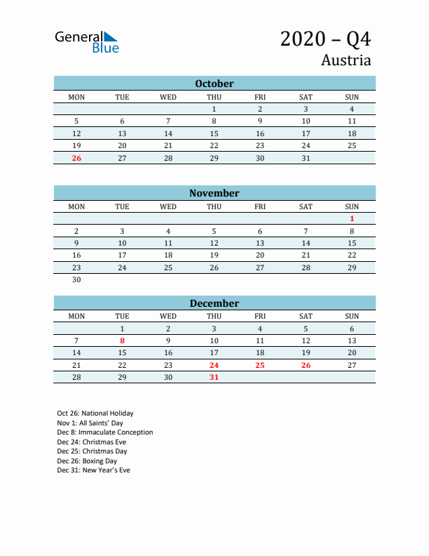 Three-Month Planner for Q4 2020 with Holidays - Austria