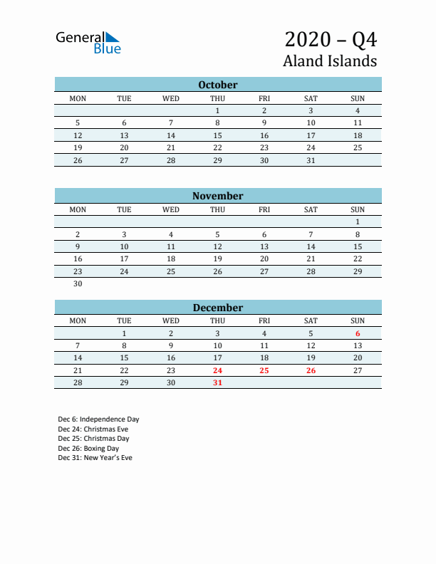 Three-Month Planner for Q4 2020 with Holidays - Aland Islands