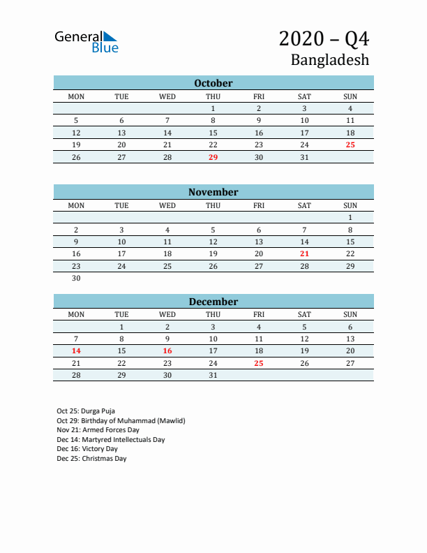 Three-Month Planner for Q4 2020 with Holidays - Bangladesh