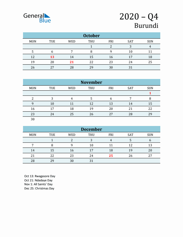 Three-Month Planner for Q4 2020 with Holidays - Burundi