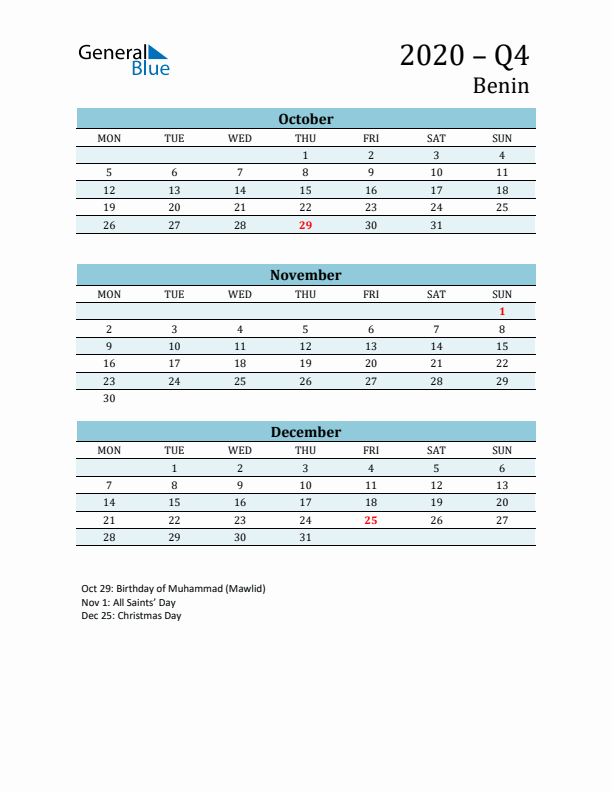 Three-Month Planner for Q4 2020 with Holidays - Benin