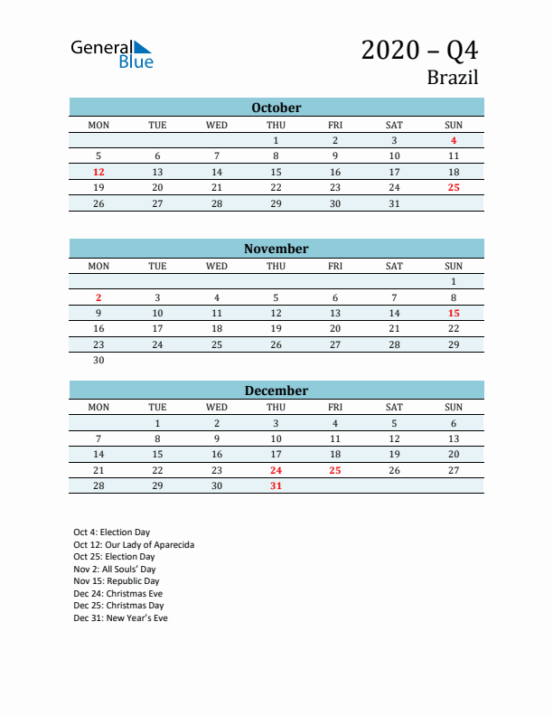 Three-Month Planner for Q4 2020 with Holidays - Brazil