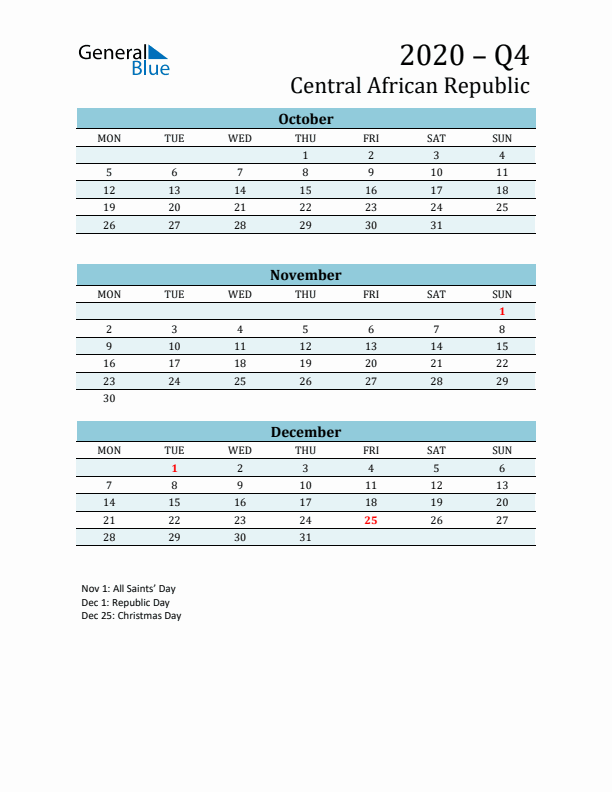 Three-Month Planner for Q4 2020 with Holidays - Central African Republic