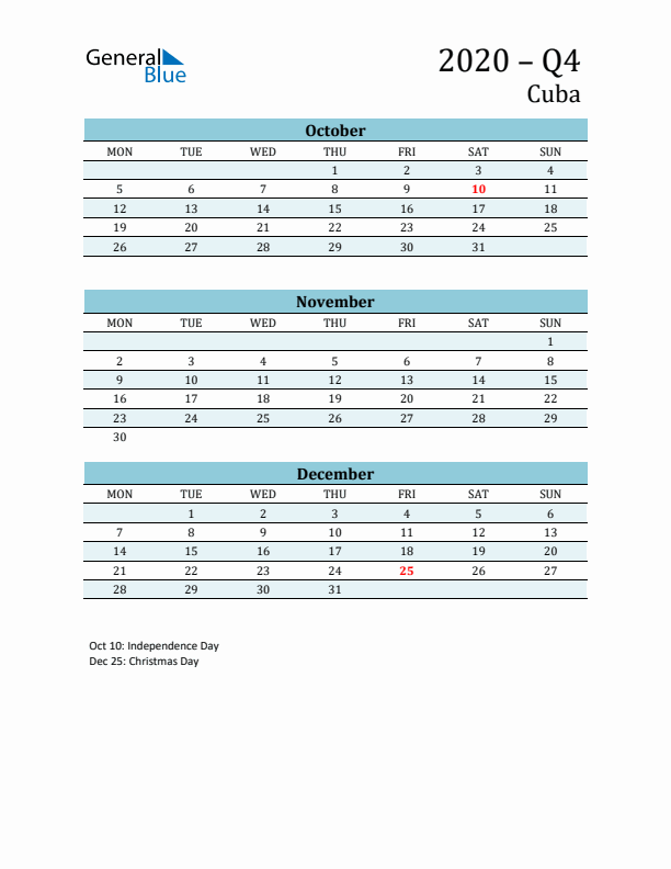 Three-Month Planner for Q4 2020 with Holidays - Cuba