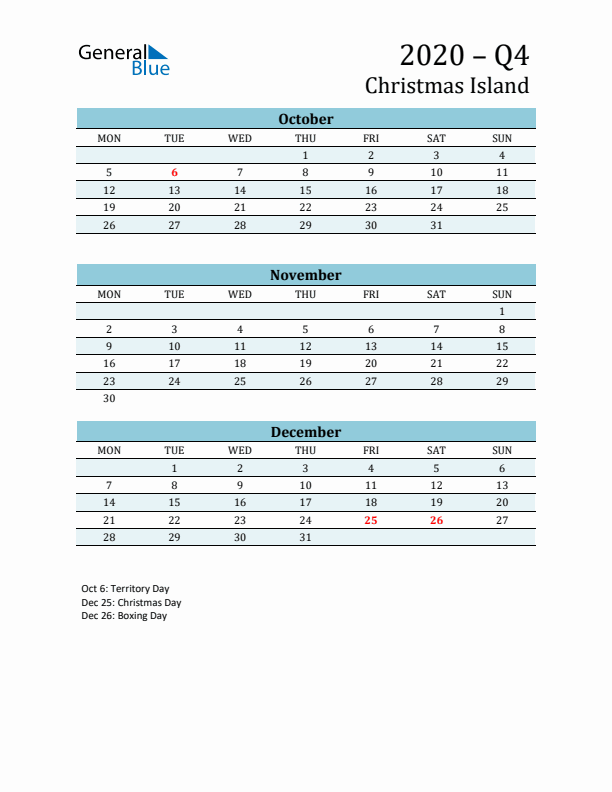 Three-Month Planner for Q4 2020 with Holidays - Christmas Island