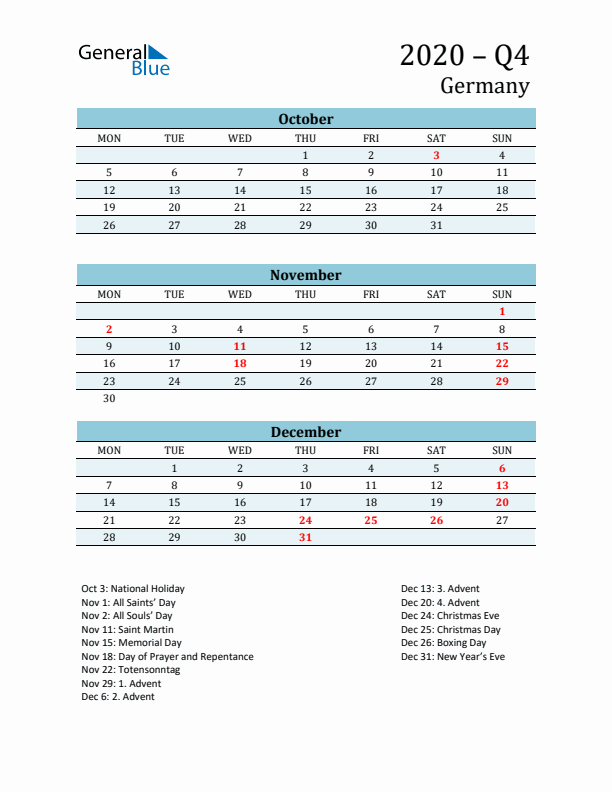 Three-Month Planner for Q4 2020 with Holidays - Germany