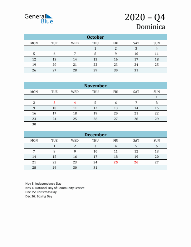 Three-Month Planner for Q4 2020 with Holidays - Dominica