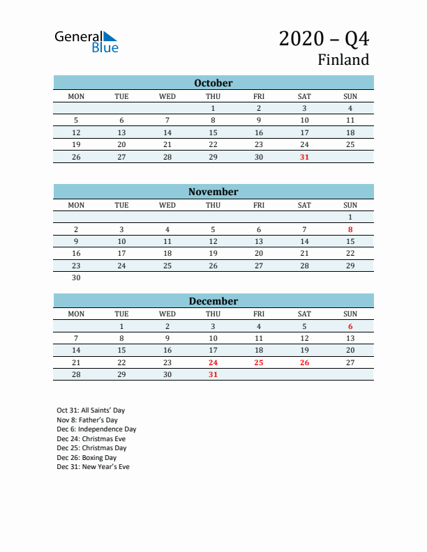 Three-Month Planner for Q4 2020 with Holidays - Finland