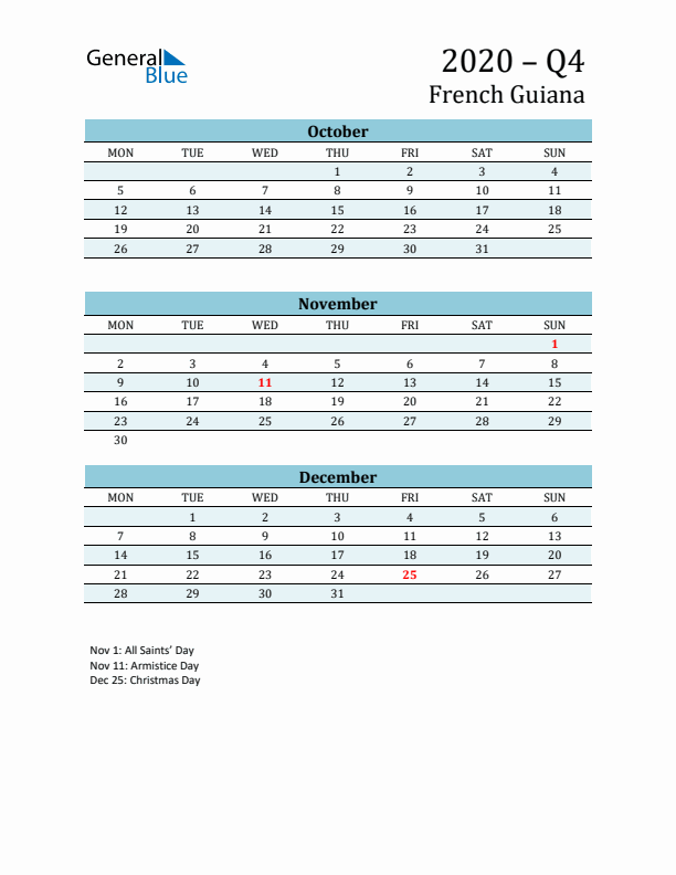 Three-Month Planner for Q4 2020 with Holidays - French Guiana