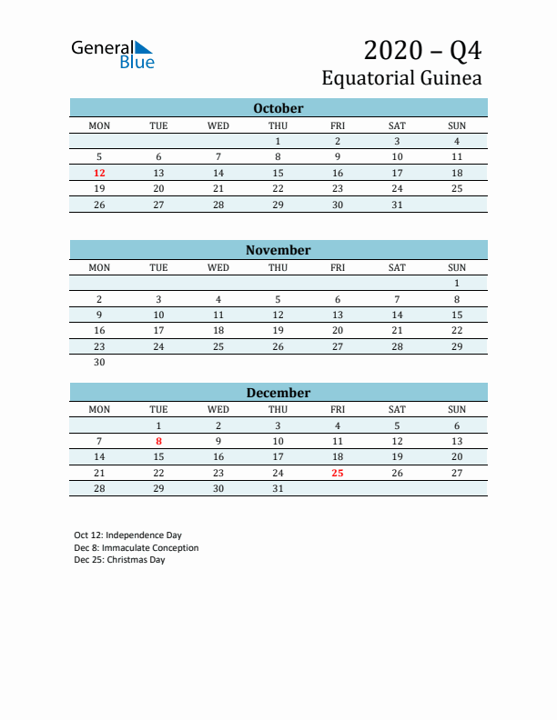 Three-Month Planner for Q4 2020 with Holidays - Equatorial Guinea