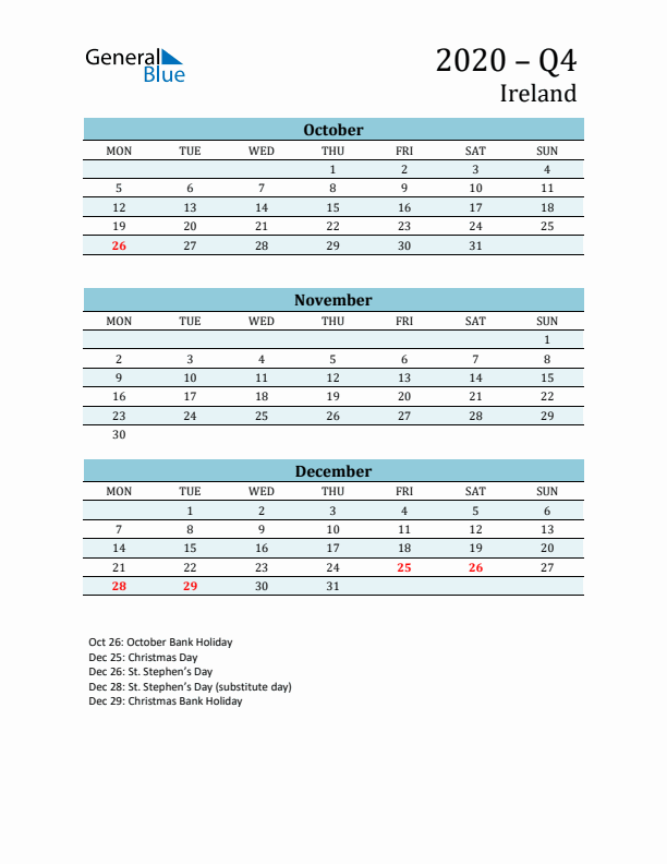 Three-Month Planner for Q4 2020 with Holidays - Ireland