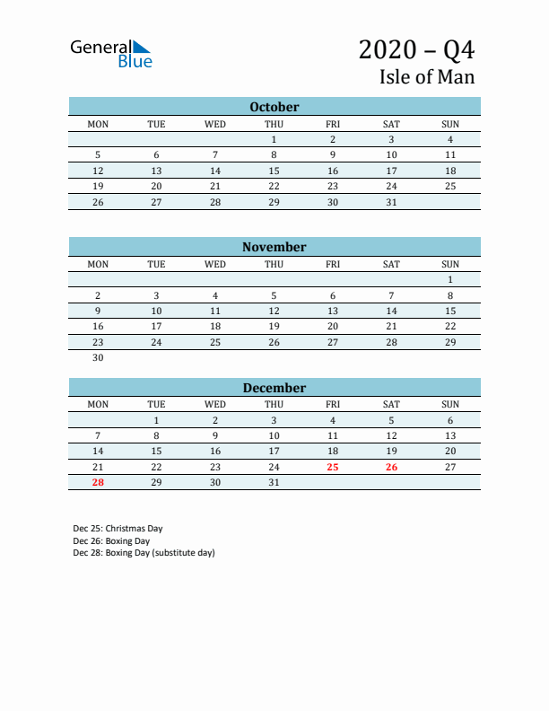 Three-Month Planner for Q4 2020 with Holidays - Isle of Man