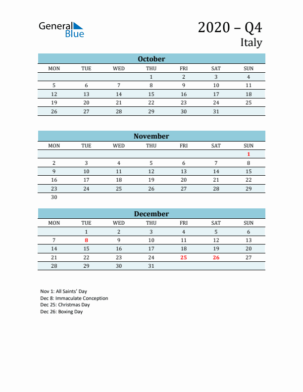 Three-Month Planner for Q4 2020 with Holidays - Italy