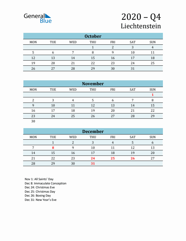 Three-Month Planner for Q4 2020 with Holidays - Liechtenstein