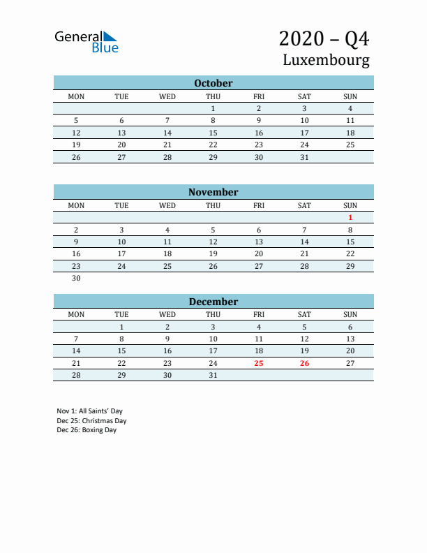 Three-Month Planner for Q4 2020 with Holidays - Luxembourg