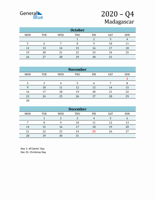 Three-Month Planner for Q4 2020 with Holidays - Madagascar